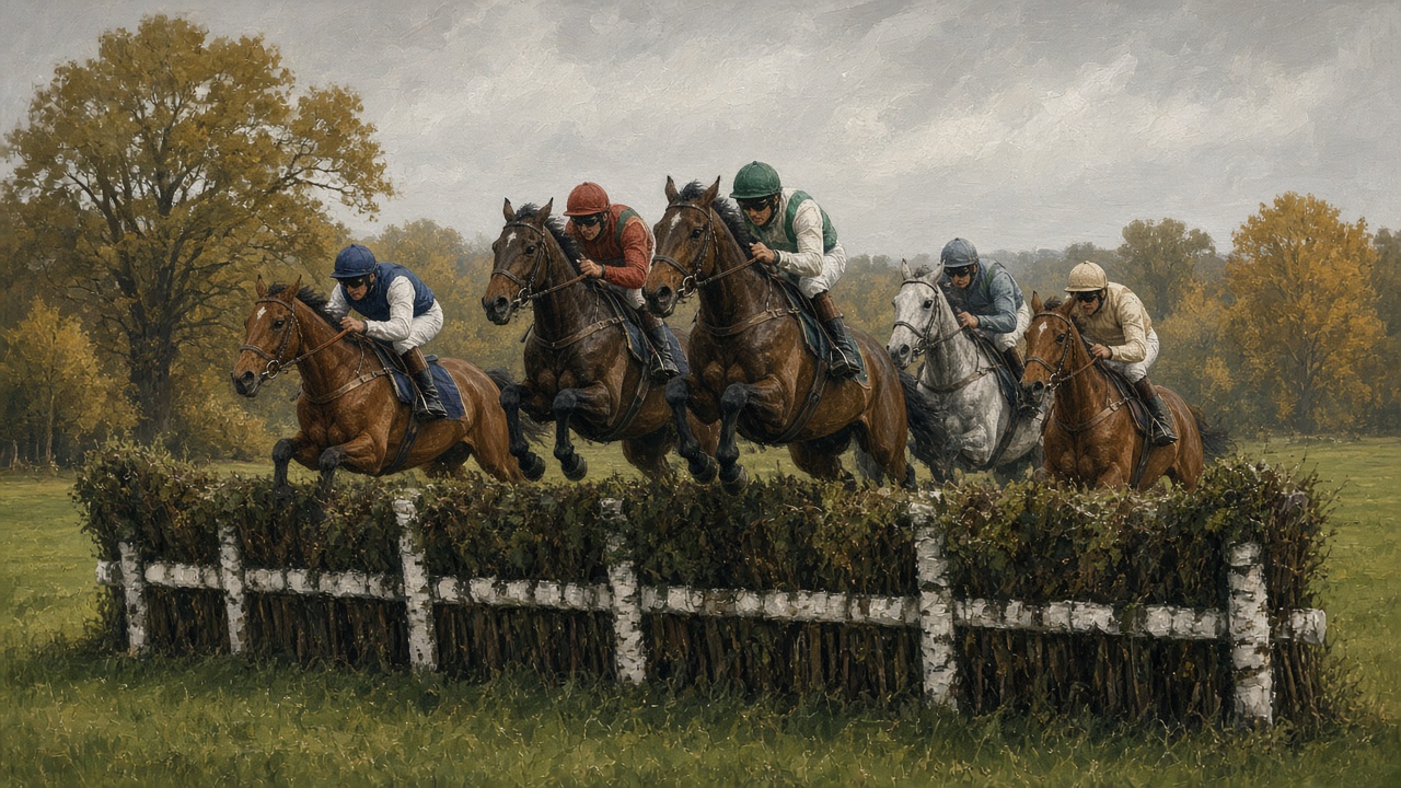 Illustration of a group of steeplechasers jumping a birch fence together on an autumn racecourse
